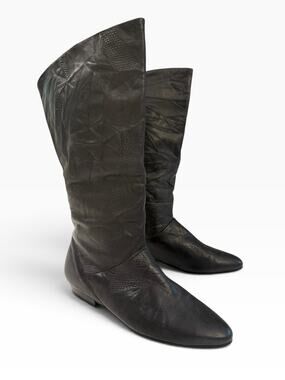 NOS Vtg 80s L.J. Simone Black Leather Slouch Boots Pointed Asymmetric Pixie 7M